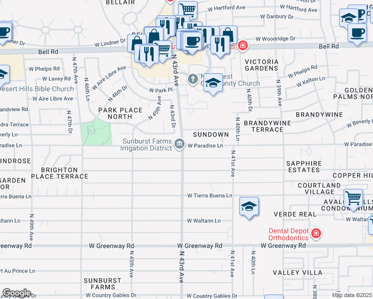 map of restaurants, bars, coffee shops, grocery stores, and more near 4241 West Paradise Lane in Phoenix