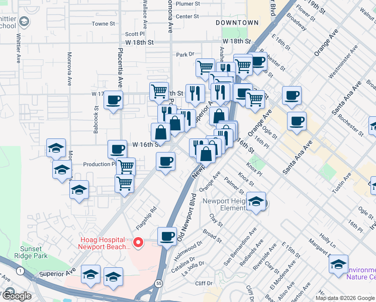 map of restaurants, bars, coffee shops, grocery stores, and more near 1515 Sullivan Avenue in Costa Mesa