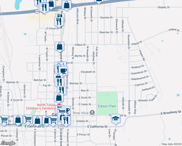 map of restaurants, bars, coffee shops, grocery stores, and more near 1610 Elizabeth Street in Gainesville