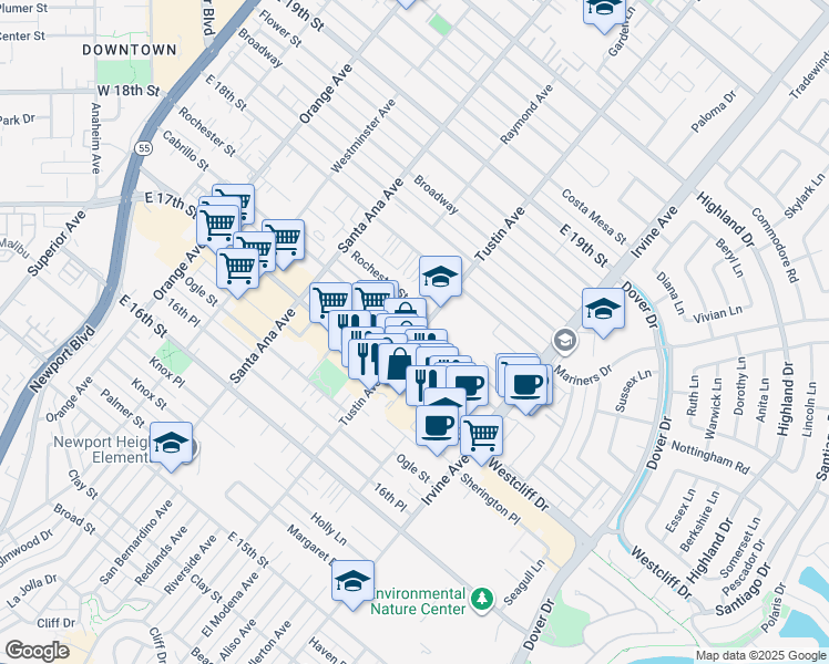 map of restaurants, bars, coffee shops, grocery stores, and more near 410 Cabrillo Street in Costa Mesa
