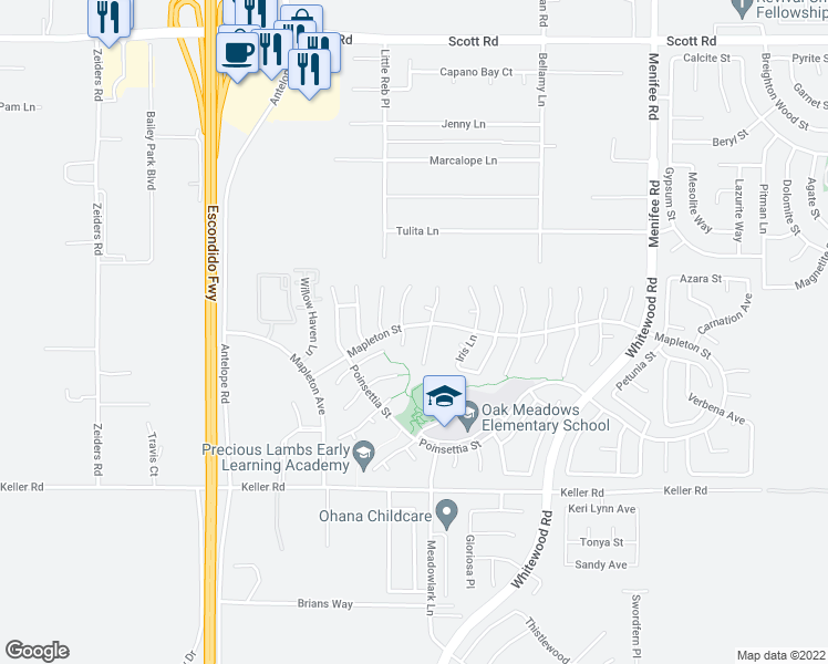 map of restaurants, bars, coffee shops, grocery stores, and more near 33630 Eugenia Lane in Murrieta