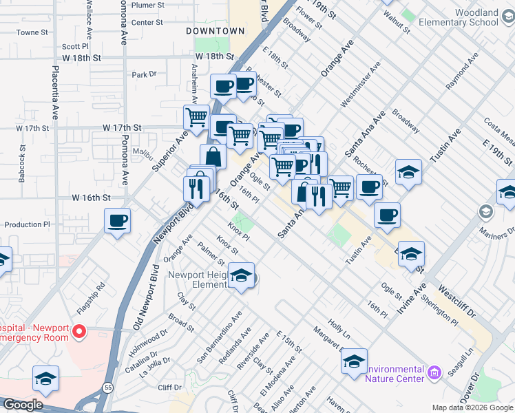 map of restaurants, bars, coffee shops, grocery stores, and more near 2 Westminster Avenue in Costa Mesa