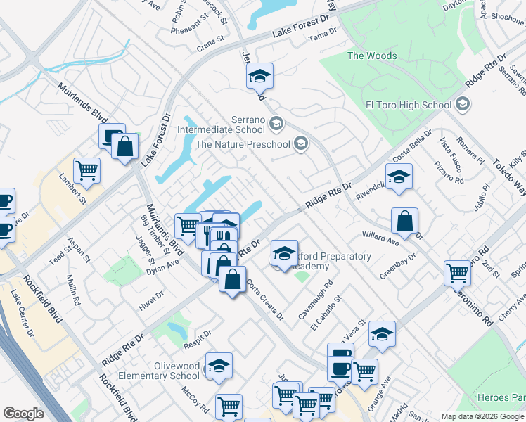 map of restaurants, bars, coffee shops, grocery stores, and more near 22853 Ridge Route Lane in Lake Forest