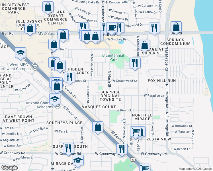 map of restaurants, bars, coffee shops, grocery stores, and more near 12707 West Tasha Drive in Surprise