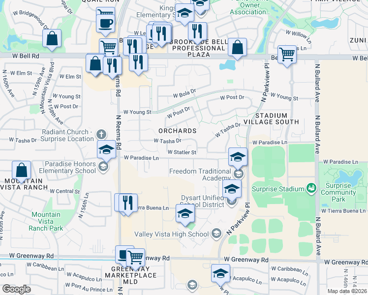 map of restaurants, bars, coffee shops, grocery stores, and more near 15261 West Statler Street in Surprise