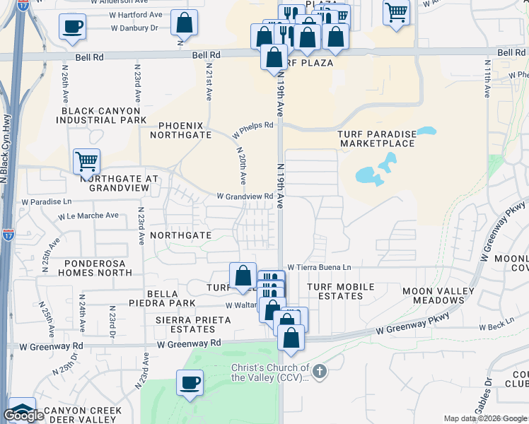 map of restaurants, bars, coffee shops, grocery stores, and more near 1934 West Faria Lane in Phoenix