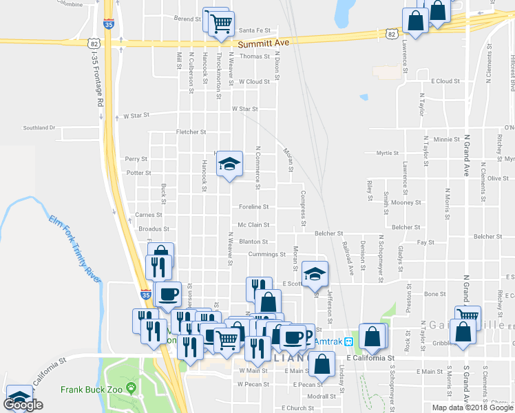 map of restaurants, bars, coffee shops, grocery stores, and more near North Commerce Street in Gainesville