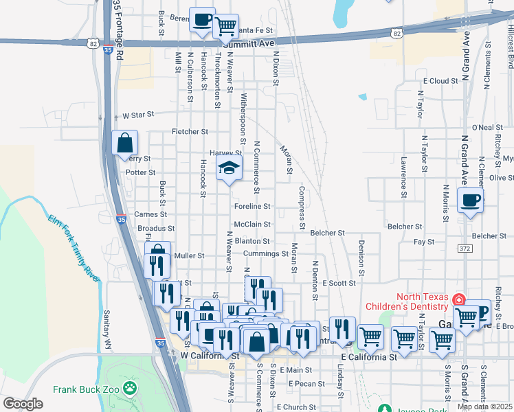 map of restaurants, bars, coffee shops, grocery stores, and more near North Commerce Street in Gainesville