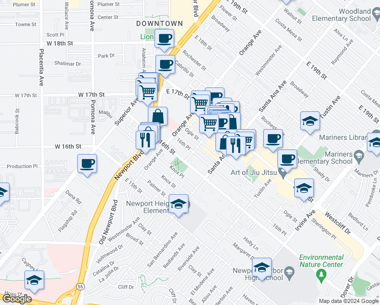 map of restaurants, bars, coffee shops, grocery stores, and more near 245 16th Place in Costa Mesa