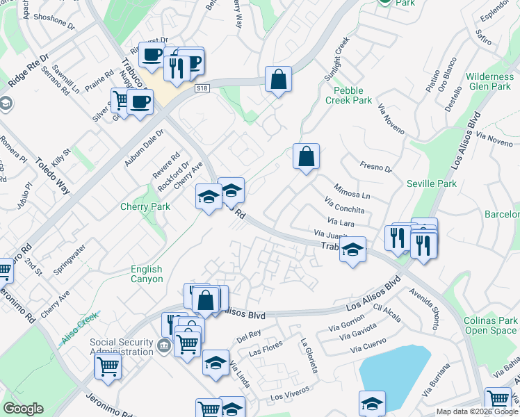 map of restaurants, bars, coffee shops, grocery stores, and more near 22792 La Quinta Drive in Mission Viejo