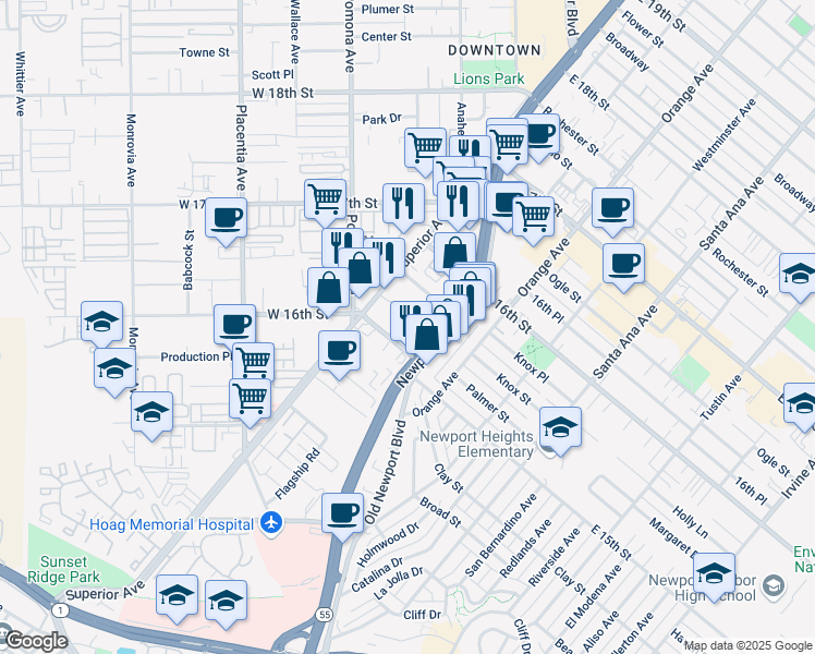 map of restaurants, bars, coffee shops, grocery stores, and more near 1531 Greenwich Way in Costa Mesa