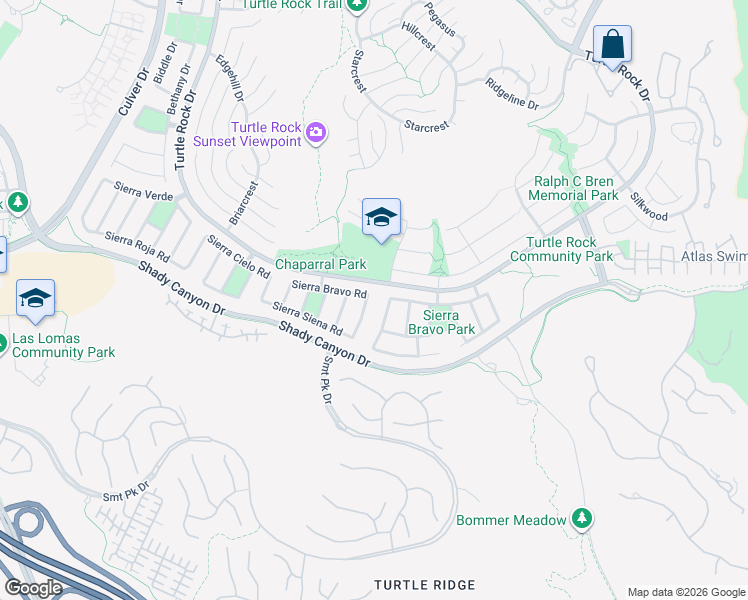 map of restaurants, bars, coffee shops, grocery stores, and more near 19292 Sierra Perla Road in Irvine