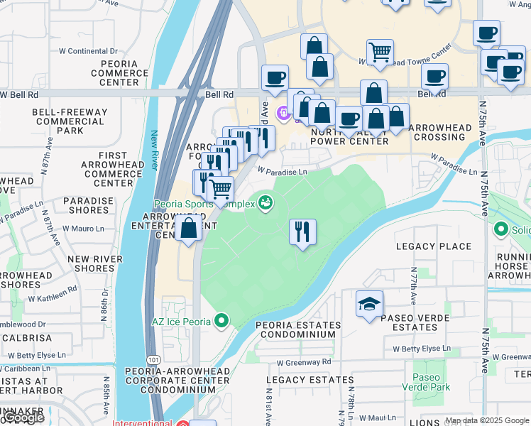 map of restaurants, bars, coffee shops, grocery stores, and more near 16101 North 83rd Avenue in Peoria