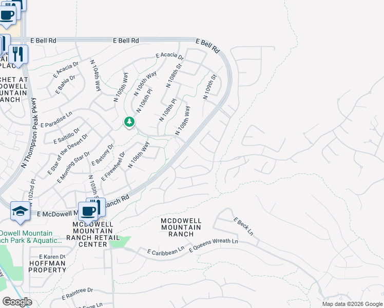 map of restaurants, bars, coffee shops, grocery stores, and more near 16015 North 108th Street in Scottsdale