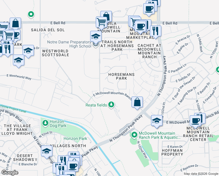 map of restaurants, bars, coffee shops, grocery stores, and more near 9875 East McDowell Mountain Ranch Road in Scottsdale