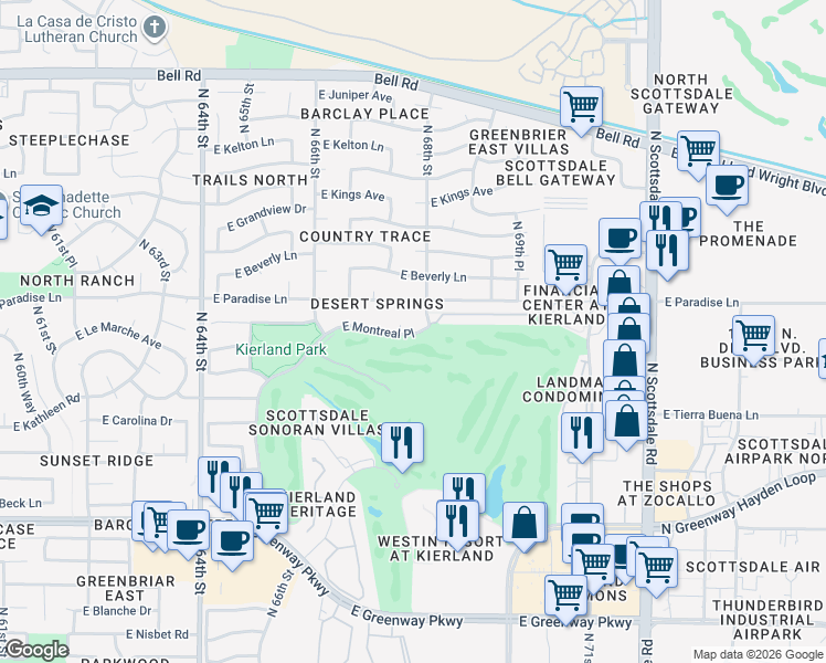 map of restaurants, bars, coffee shops, grocery stores, and more near 6750 East Montreal Place in Scottsdale