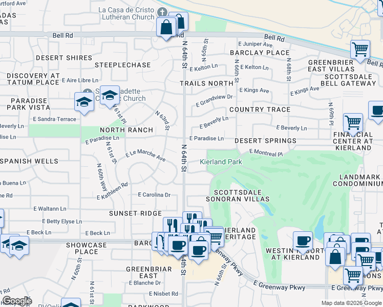 map of restaurants, bars, coffee shops, grocery stores, and more near 6421 East Le Marche Avenue in Scottsdale