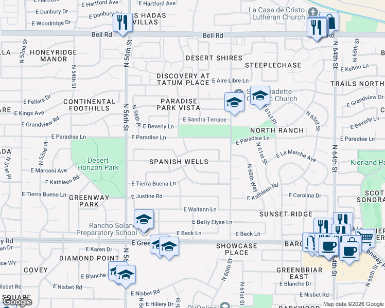 map of restaurants, bars, coffee shops, grocery stores, and more near 16001 North 58th Place in Scottsdale