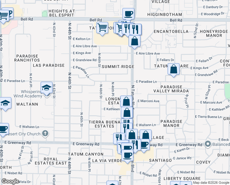 map of restaurants, bars, coffee shops, grocery stores, and more near 4709 East Monte Cristo Avenue in Phoenix