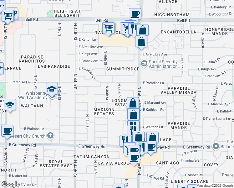map of restaurants, bars, coffee shops, grocery stores, and more near 15868 North 46th Place in Phoenix
