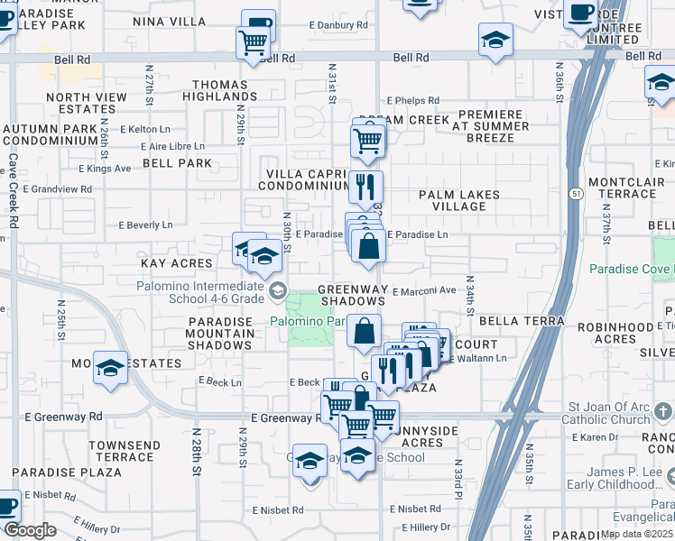 map of restaurants, bars, coffee shops, grocery stores, and more near 3046 East Marconi Avenue in Phoenix