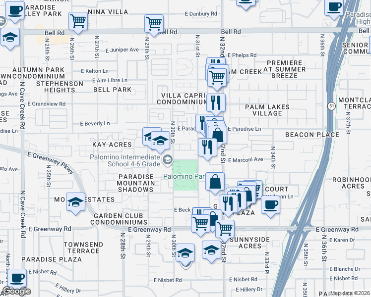map of restaurants, bars, coffee shops, grocery stores, and more near 3016 East Marconi Avenue in Phoenix