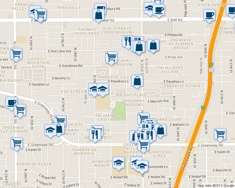 map of restaurants, bars, coffee shops, grocery stores, and more near 3016 East Marconi Avenue in Phoenix