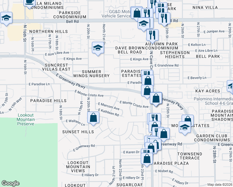 map of restaurants, bars, coffee shops, grocery stores, and more near 2210 East Monte Cristo Avenue in Phoenix