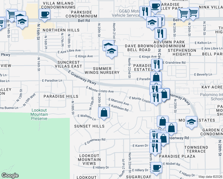 map of restaurants, bars, coffee shops, grocery stores, and more near 2031 East Monte Cristo Avenue in Phoenix