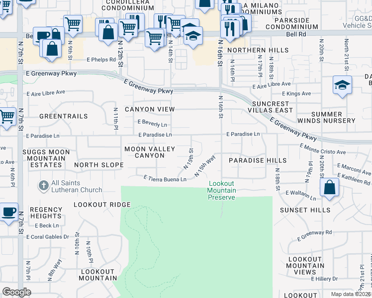 map of restaurants, bars, coffee shops, grocery stores, and more near 1423 East Monte Cristo Avenue in Phoenix