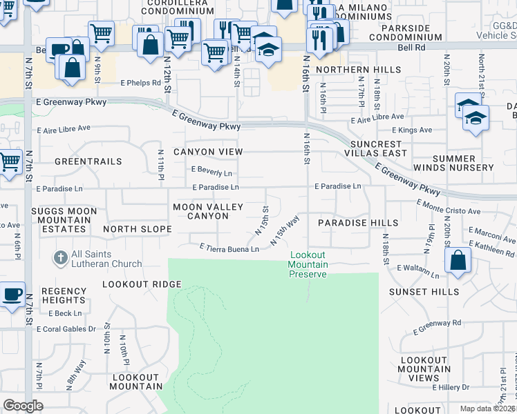 map of restaurants, bars, coffee shops, grocery stores, and more near 1423 East Monte Cristo Avenue in Phoenix