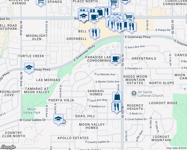 map of restaurants, bars, coffee shops, grocery stores, and more near 234 East Monte Cristo Avenue in Phoenix