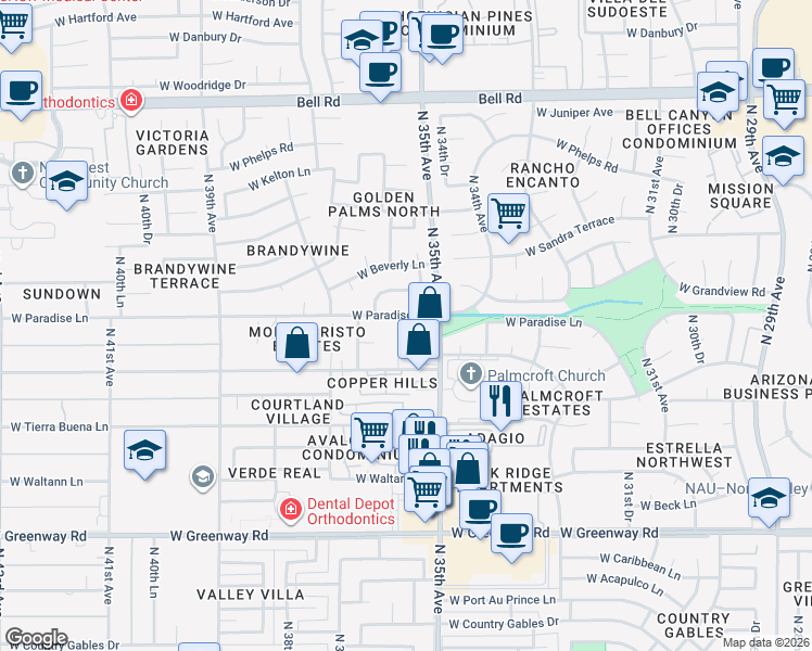 map of restaurants, bars, coffee shops, grocery stores, and more near 16026 North 35th Drive in Phoenix