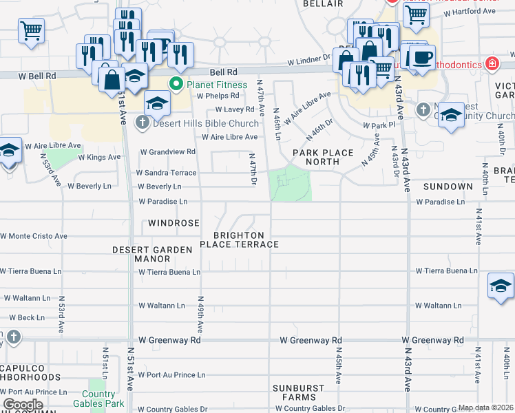 map of restaurants, bars, coffee shops, grocery stores, and more near 4727 West Davis Road in Glendale
