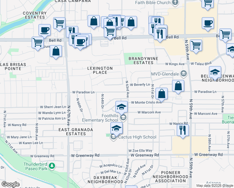 map of restaurants, bars, coffee shops, grocery stores, and more near 6321 West Monte Cristo Avenue in Glendale