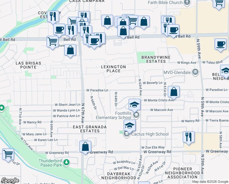 map of restaurants, bars, coffee shops, grocery stores, and more near 16013 North 65th Avenue in Glendale