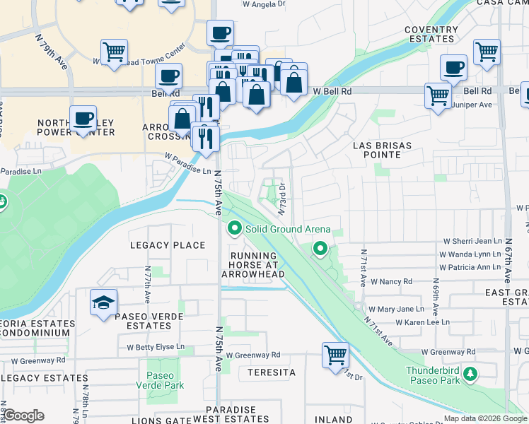 map of restaurants, bars, coffee shops, grocery stores, and more near 7331 West Monte Cristo Avenue in Peoria