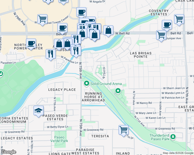 map of restaurants, bars, coffee shops, grocery stores, and more near 16072 North 74th Drive in Peoria