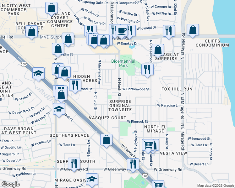 map of restaurants, bars, coffee shops, grocery stores, and more near 12707 West Tasha Drive in Surprise