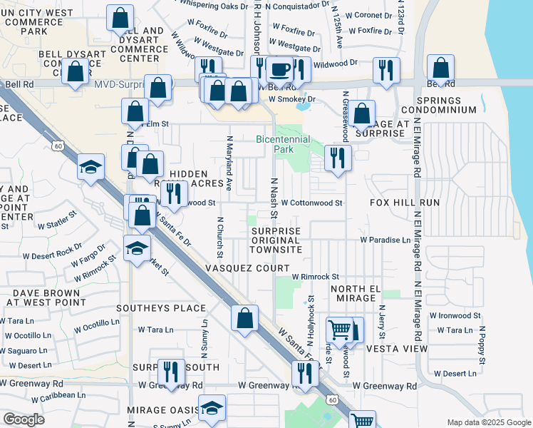 map of restaurants, bars, coffee shops, grocery stores, and more near 12707 West Tasha Drive in Surprise