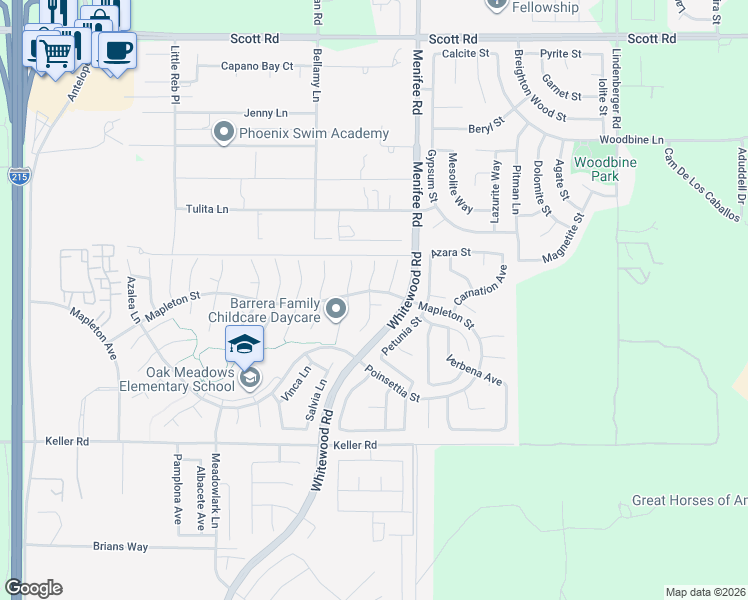 map of restaurants, bars, coffee shops, grocery stores, and more near 33684 Thyme Lane in Murrieta