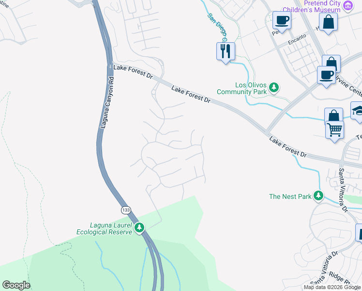 map of restaurants, bars, coffee shops, grocery stores, and more near 103 Shady Arbor in Irvine