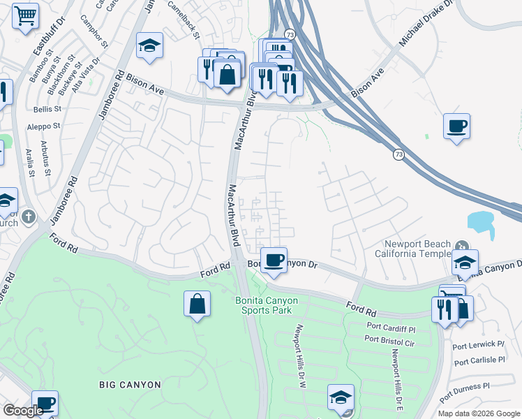 map of restaurants, bars, coffee shops, grocery stores, and more near 1076 Campanile in Newport Beach