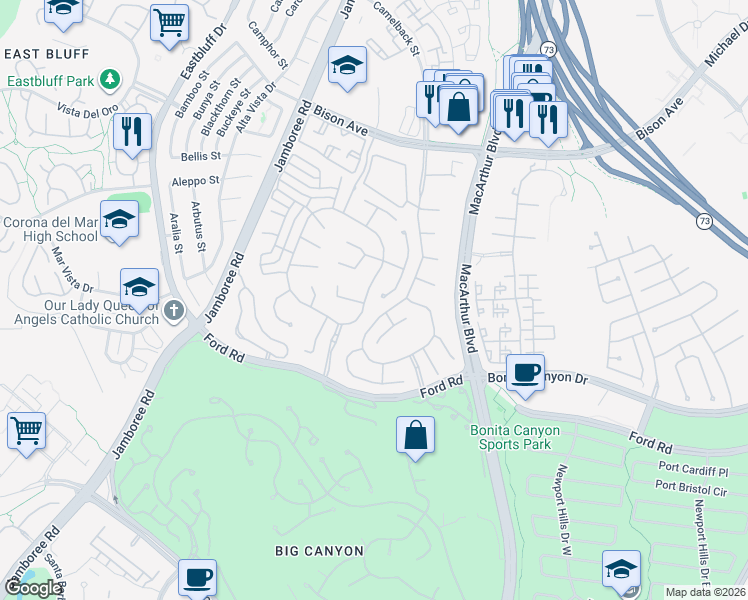 map of restaurants, bars, coffee shops, grocery stores, and more near 12 Old Course Drive in Newport Beach
