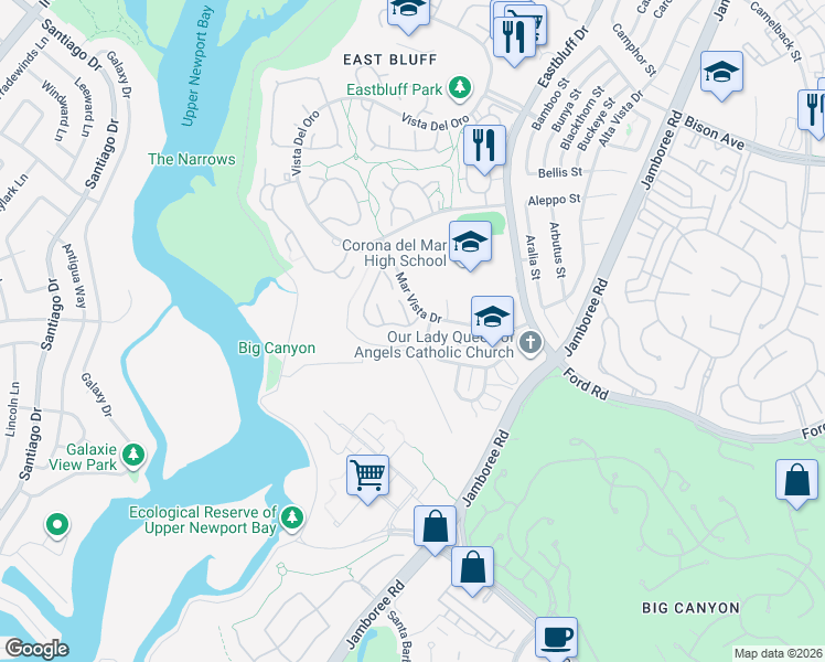 map of restaurants, bars, coffee shops, grocery stores, and more near 725 Domingo Drive in Newport Beach
