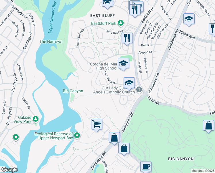 map of restaurants, bars, coffee shops, grocery stores, and more near 725 Domingo Drive in Newport Beach