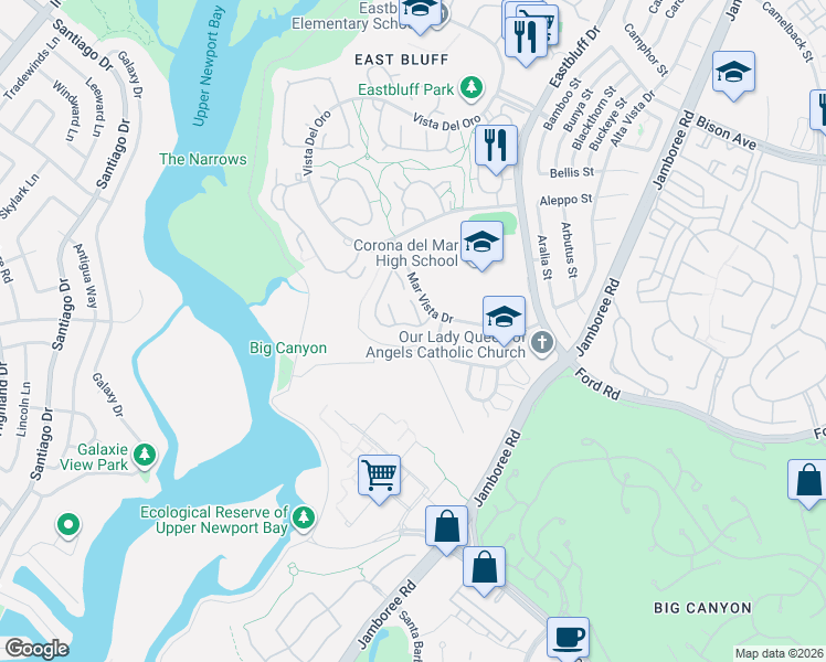 map of restaurants, bars, coffee shops, grocery stores, and more near 725 Domingo Drive in Newport Beach
