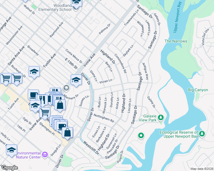 map of restaurants, bars, coffee shops, grocery stores, and more near 1400 Estelle Lane in Newport Beach