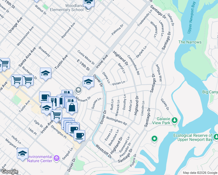 map of restaurants, bars, coffee shops, grocery stores, and more near 1615 Mariners Drive in Newport Beach