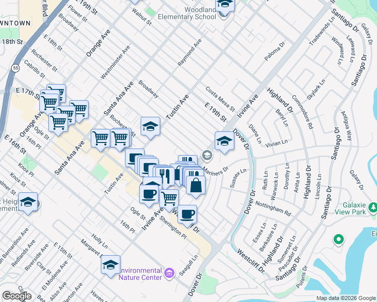 map of restaurants, bars, coffee shops, grocery stores, and more near 498 East 18th Street in Costa Mesa